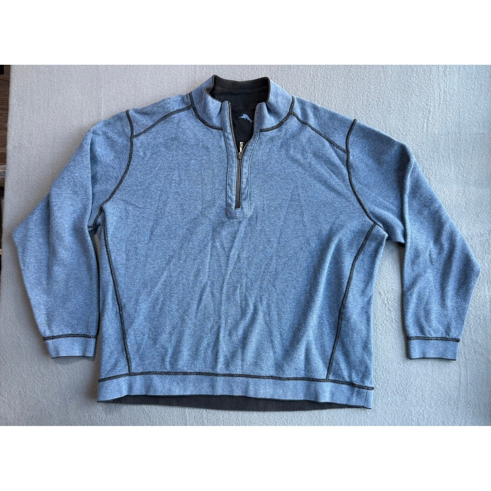 Tommy Bahama Mens Reversible Quarter Zip Pullover Blue Grey Large